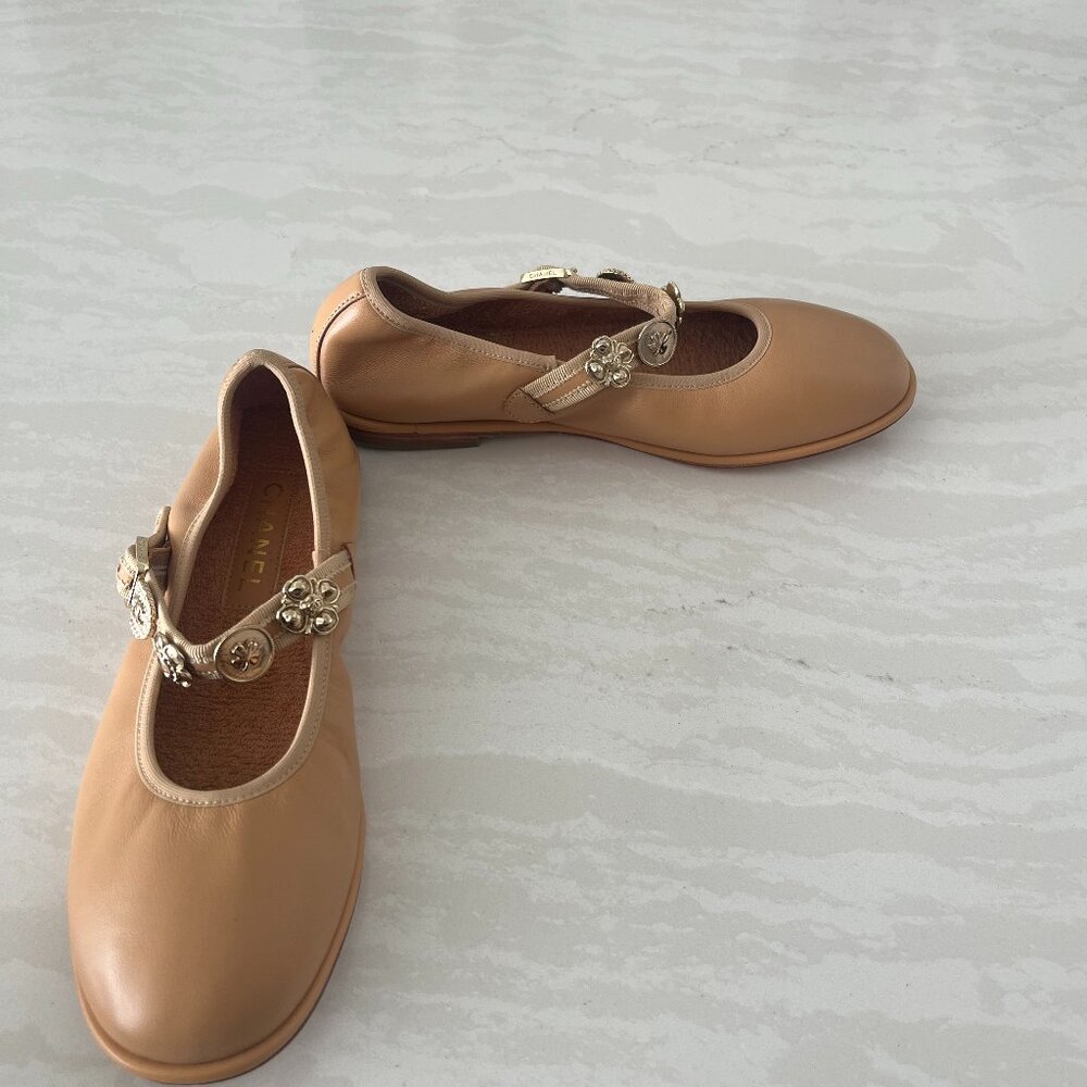 Tan Chanel Mary Jane Flats